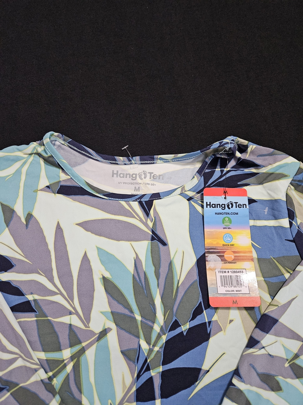 Hang Ten Mint & Navy Leaf-Print Short Sleeve Top